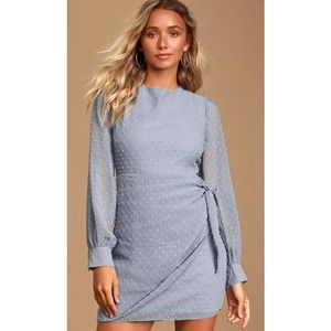 Lulus Much Love Light Blue Swiss Dot Long Sleeve Mini Dress Size Large